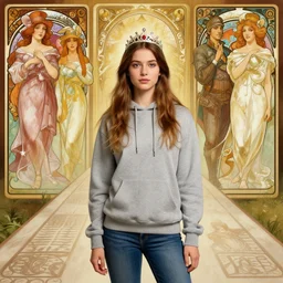 alice wonderland, gray hoodie, jeans, tiara, half body shot, path traced, highly detailed, high quality, digital painting, alena aenami, leonid afremov, lilia alvarado, shinji aramaki, karol bak, alphonse mucha, tom bagshaw