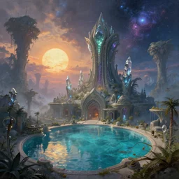 a beautiful very detailed painting of pool building architecture urbex by albert bierstadt, wilderness gem cgsociety morning sun azeroth cosmic junglepunk universe evil extraterrestial nightvision galactic crystal retrowave otherworldly dramatic lighting tundra matte painting made of glass venus at dusk, archdaily, wallpaper, highly detailed, trending on artstation.