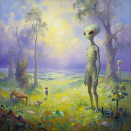 an alien dreamy landscape high realistic high detailed painting by Thomas Kinkade and Moebius