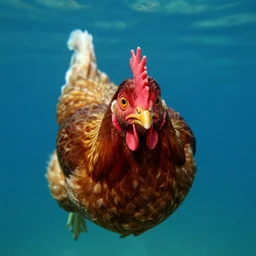 chicken with steve buscemi eyes swimming underwater