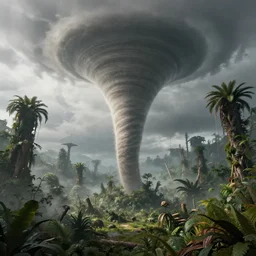 A realistic detailed photo of a giant tornado, futuristic jungle, alien plants, grey sky, hidden animals, some fallen trees, foggy landscape, light particles, detailed light, realistic shaders, trending on artisation, detailed textures, detailed, realistic