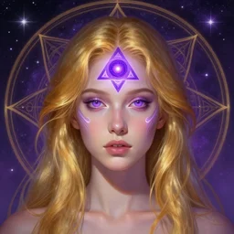 portrait of a gallent girl with glowing purple third eye chakra and golden hair, geometric third eye triangle, sci - fi face, sacred geometry mandal background, breathtaking stars, elegant, highly detailed, digital painting, artstation, concept art, smooth, sharp focus, spiritual art, art by artgerm and greg rutkowski and alphonse mucha, psychedelic