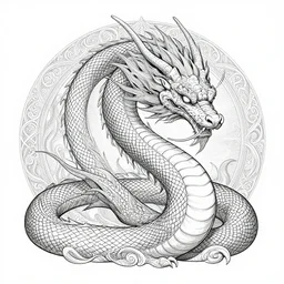 a full - body cyan dragon head + snake body, wisdom, good and evil, scrollwork + white ink + magical + detailed intricate + heraldic design + epic + by peter mohrbacher and kentaro miura + high details, in the style of jean delville, artstation, 8 k, tarmo juhola, ivan laliashvili, james gurney, moebius, roger dean, wlop, victo ngai, 4 k, cinematic