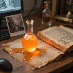 office desk with a spilled glowing orange potion, 1 2 th century fantasy photograph focused on a orange stained book, featured on pixiv, magical potion