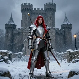 paladin knight in a snow storm in front of a castle, Mandy Jurgens, moody, high contrast, vibrant colors, dark fantasy, 8k, ultra detailed