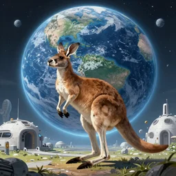 A kangaroo is beating up on a moon base with a huge earth in the background, sci-fi, highly detailed, digital painting, artstation, concept art, smooth, sharp focus ilustration, Artstation HQ by Makato Shinkai