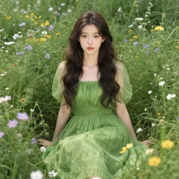portrait of the goddess of nature dressed in a green dress surrounded by flowers and nature