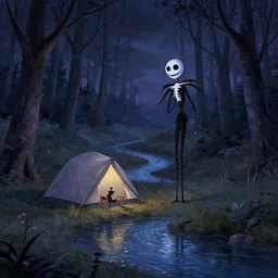 a tent by the river in the deep, remote woods by ruan jia, from nightmare before christmas | detailed | elegant | trending on artstation