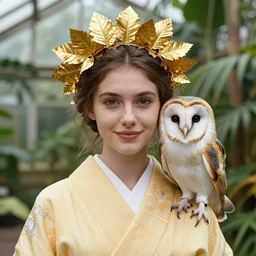 portrait photograph of beautiful!!!! young female , symmetric face!, symmetric eyes, slight smile, natural light, wearing a yellow kimono!! with a very detailed barn owl! on her shoulder in a tropical greenhouse. looking at the camera!!. golden crown made of golden leaves. super resolution. Extremely detailed. Graflex camera!, bokeh!!!!!. by alphonse mucha.