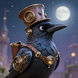 a stunning fantasy scene of an adorable steampunk crow, close - up | highly detailed | very intricate | disney | magic the gathering | steampunk | dramatic romantic epic breathtaking whimsical magical | bokeh moon stars | professional cinematic lighting | award - winning | painted by marc simonetti and anton fadeev and paul lehr and rhads and alena aenami | pastel color palette | featured on artstation