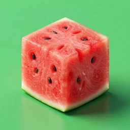 studio shot of a cube with i - watermelon texture, isometric perspective, green background, product shot, 8 k octane render, surreal, ultra - detailed, beautiful, masterpiece