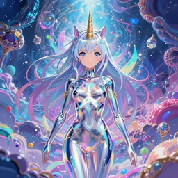 ultra detailed illustration of a unicorn anime girl covered in liquid chrome, lost in a dreamy fairy multiverse,  by Karol Bak, Johfra Bosschart, Andrew Thomas Huang, dan mumford, Druillet colorful, front view, vivid colors, 8k, coherent, artgerm, anime vibes, octane render, uplifting, magical composition, artstation