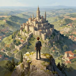 an ultra detailed matte landscape painting of an extremely tall and strong young man with short brown hair standing on a cliff overlooking a medieval european capital built on top of many hills, italian renaissance architecture, ultrawide lense, aerial photography, 8 k, volumetric lighting, smooth, highly detailed, digital illustration, art by greg rutkowski and akira toriyama and artgerm
