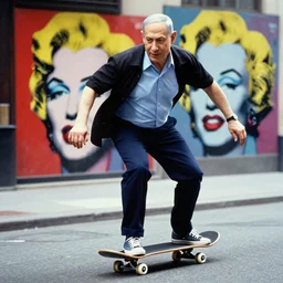 Benjamin Netanyahu wearing thug clothes riding a skateboard in the street by Andy Warhol