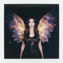 girl cover in cosmic shadows with giant wings of glowing nebulas, realistic photograph, polaroid pic by horror