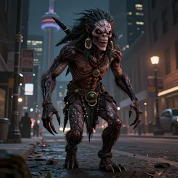 terrifying indigenous skinwalker creature wandering downtown toronto, night. illustration, fine detailed lines, hyper detailed, artstation, octane render, v ray collection, 3 d character model, dreamworks,, cinema 4 d, nvidia