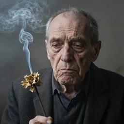 photographic portrait of wrinkly sad max ernst dried melting flower with spiraling cigarette smoke, in fog
