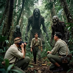 establishing shot, vietnamese jungle with elderich horrors looming, 1 9 6 0 s photography