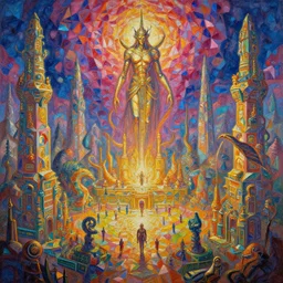 stunning landscape of the final boss arena, psychedelic background, polygon tiles, intricate details, digital art by rob gonsalves, oil on canvas by ivan shishkin