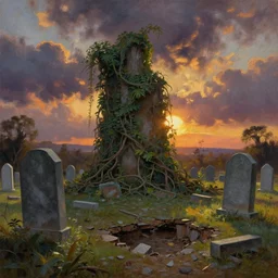 jungle vines, big graveyard gravestones, dramatic sky, ground broken, backlight, dramatic sunrise, oil painting landscape by frazetta by saturno butto