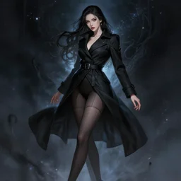 beautiful lady in black coat and pantyhose, cosmic horror style, seductive confident pose, light effect, hyper detailed, intricate, elegant, highly detailed, digital painting, artstation, concept art, sharp focus, by greg rutkowski