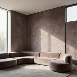 interior living room walls made of suede plush interlocking panels, ceiling to floor windows, soft color, plush furniture, modern, minimalism, morning light, dramatic, obsidian, unreal render, award winning photograph
