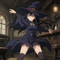 key anime visual portrait of a young female witch in a tavern interior, dynamic pose, dynamic perspective, cinematic, dramatic lighting, muted colors, fine detail, textured