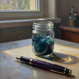 gallery painting of fountain pen and glass canning jar of swirling ink shimmering on a desk, dramatic afternoon lighting, oil on canvas, heavy metal, by moebius