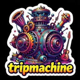 sticker of a rock band, name is tripmachine, on the sticker is a 3 d render of a huge futuristic steampunk generator engine with gears and trippy music instruments, 8 k, fluorescent colors, halluzinogenic, multicolored, exaggerated detailed, silk screen art