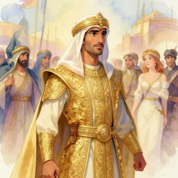 khalid ibn al walid in battle, highly detailed, gold filigree, romantic storybook fantasy, soft cinematic lighting, award, disney concept art watercolor illustration by mandy jurgens and alphonse mucha and alena aenami, pastel color palette, featured on artstation