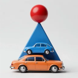 a red ball on top of a blue pyramid with the pyramid behind a car that is above a toaster