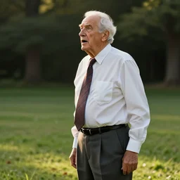 an elderly man in dress shirt tie and pants surprised with a 🏈 at his groin on the front lawn. long shot. side view