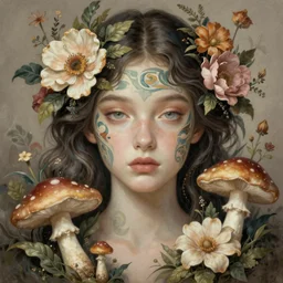 Portrait of a girl surrounded by flowers and mushrooms, face, fantasy, intricate, elegant, highly detailed, digital painting, artstation, concept art, smooth, sharp focus, illustration, art by Fernanda Suarez and Artem Demura and alphonse mucha