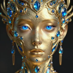 an intricate, detailed face of an android, golden skin with embedded gemstones, bright blue eyes, trending on artstation, 4k, art nouveau