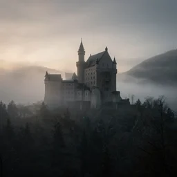 castle on the forest, scary, dawn, foggy area, black fog, photorealistic, panoramic shot, 4 k