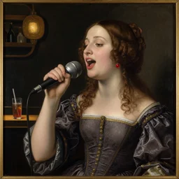 renaissance painting of girl singin in karaoke bar, red earrings
