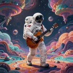 a futuristic astronaut with a guitar walking on an alien psychedelic planet with strange colorful clouds and mountains, 8 k