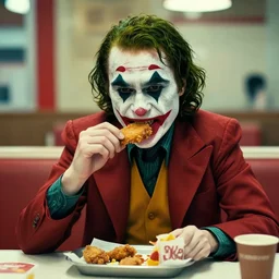 cinematic shot of the joker sitting at a table in a popeyes restaurant and biting into a chicken tender, 8 k, very detailed, very intricate,