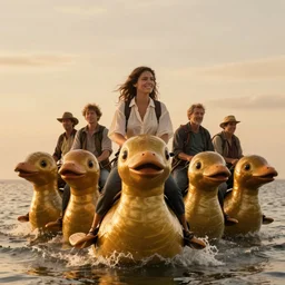 riding on large platypus, golden hour, detailed faces, lilia alvarado, sophie anderson, mark arian, bob byerley, charlie bowater, mark brooks, justin gerard, ross tran, wlop, william adolphe bouguereau