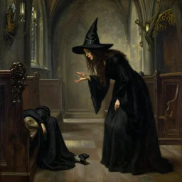 a story about a witch begging for her life in a church, victorian painting, by simon stalenhag
