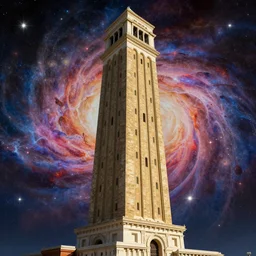 one large on base majestic rectangular upright tower, highly detailed cosmic background, a dash of magic, vibrant color palette, trending on artstation, digital art, by salvador dali
