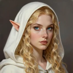 a head - on detailed oil portrait of a distinguished elf woman wearing a white hood, long curly blonde hairs and bright irises, by charlie bowater, lise deharme, wlop, trending on artstation, dungeon and dragons art, l critical role