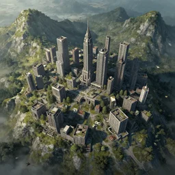 abandoned cyberpunk village on a mountain bird eye view bird artwork by anato finnstark