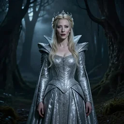 portrait of ((mischievous)), baleful Cate Blanchett as Galadriel as a queen of fairies, dressed in a beautiful silver dress. The background is a dark, creepy eastern europen forrest.  night, horroristic shadows, high contrasts, lumnious, mist filters, theatrical, character concept art by ruan jia, thomas kinkade, and J.Dickenson, trending on Artstation