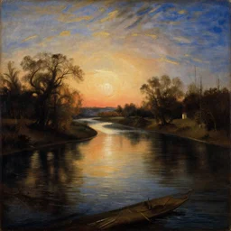 renaissance era classical painting of river at dusk, during middle ages, split complementary palette, oil painting