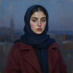 dreamy detailed portrait in femininity, realistic face sculpted features, ethnic, deep clear eyes, statuesque, coat and scarf, twilight, chiaroscuro, islamic color palette, brushy impressionism, contemporary fashion, deep rich hues, oil on canvas