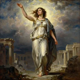 Full body oil painting of the beautiful woman Gal Gadot, she is wearing a peplos and a surreal ornate, her hair is natural disheveled, she is approaching heaven, she is standing in some ancient ruins, naturalism, dramatic lighting, high-detailed oil painting by Ilya Repin, Michelangelo da Caravaggio, William Blake, Alex Grey and Beksinski, trending on Artsatio, hystorical painting, masterpiece, 4k, 8k,
