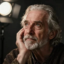 portrait of an old, medieval alchemist in the dark, he is looking into the distance thoughtfully!!. close up, palm on cheek pose, studio lighting bright ambient lighting key light, fantasy, detailed, photorealistic portrait by michael komarck, greg rutkowski, victo ngai, artgerm and j. dickenson