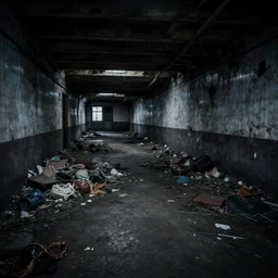 dark dirty metro, abandoned, creepy, piles of trash and junk,