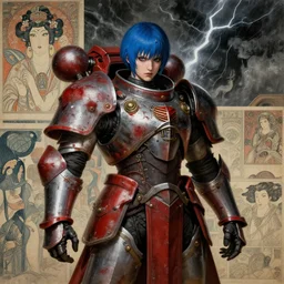 composition of gothic and futuristic young mainem, warhammer, cyber japan armor, more and more scars, thunderstorm, blue head, red, the middle ages, highly detailed, artstation, in the style of moebius, jugendstil and classic japanese print, art by jean delville and rene magritte